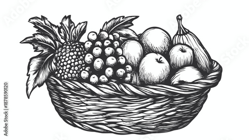 Hand drawn wicker basket with fresh fruit.