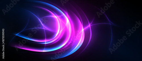 Abstract flowing lines, vibrant pinks, blues against dark background. Dynamic energy, modern design, elegant curves present.