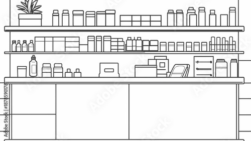 Line Art Illustration of a Counter with Bottles and Containers.