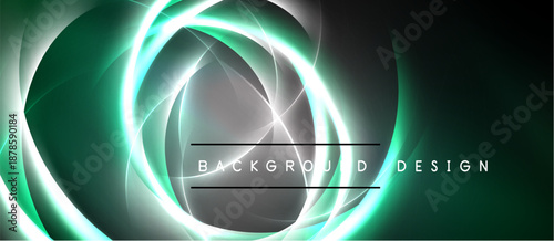 Abstract swirls, glowing lines create dynamic background. Teal, white hues dominate dark space. Modern design element.