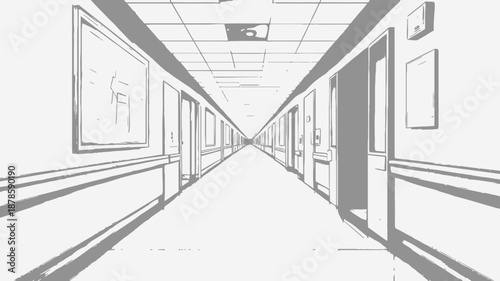 Long Empty Hospital Corridor Perspective View.