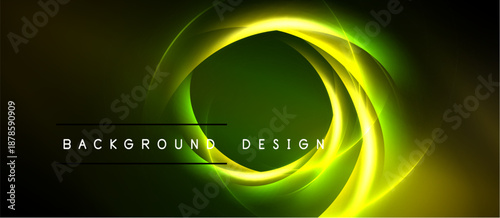 Abstract neon glow. Circular shapes overlap dark green background. Text reads background design. Bright yellow light radiates outward.