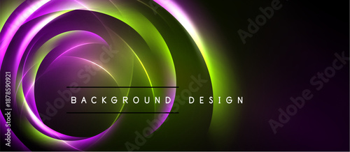 Abstract neon swirls, purple, green hues dominate dark background. Text reads background design centered below curves. Modern, vibrant visual.