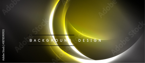 Abstract design features glowing lines, curves, gradients. Dark background enhances bright yellow, white elements. Minimalist style.