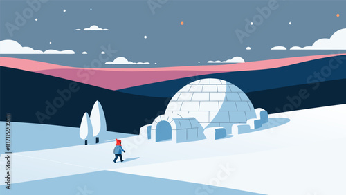 Cozy Winter Scene vector illustration of a person walking towards a snow igloo under a starry sky