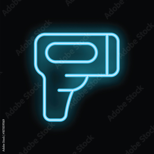 Blue neon sign showing a contactless digital infrared thermometer for measuring temperature on a black background