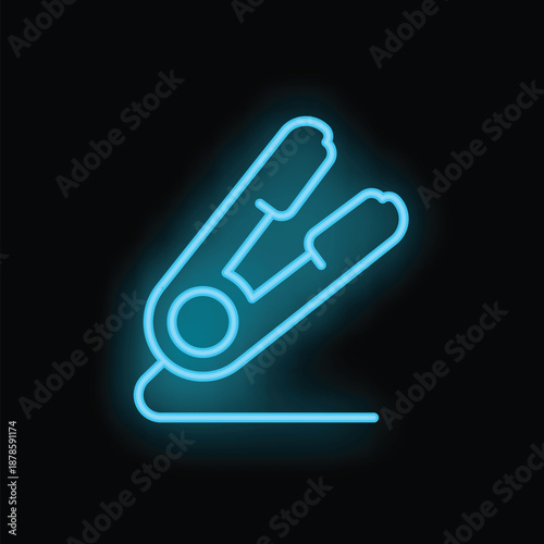 Blue neon icon of a hair straightener glowing on a black background