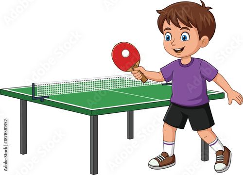Cartoon boy playing table tennis with paddle and net – sports activity vector for fitness, recreation, competition, and children’s design