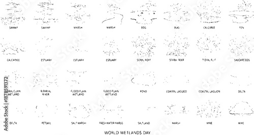 World Wetlands Day Vector - Collection of wetland types in black and white line art style