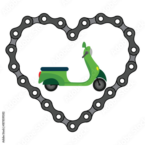 Heart shaped bicycle chain with a motor scooter inside 