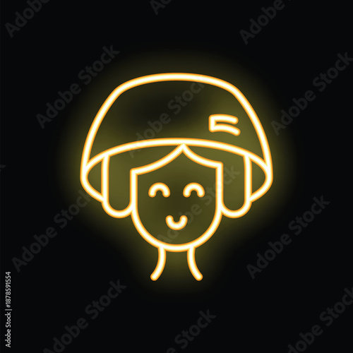 Yellow neon sign of a woman wearing a hairdressing helmet, smiling and with her eyes closed on a black background
