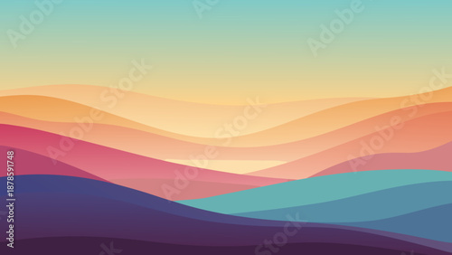 A vibrant landscape view of a mountain silhouette against an abstract sky filled with orange and blue clouds at sunrise and sunset, where the sun glows through morning fog and evening dusk