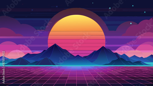 A beautiful sunset glows orange over the mountain silhouette as the evening sky transitions into a night landscape with a moonlit view and soft clouds