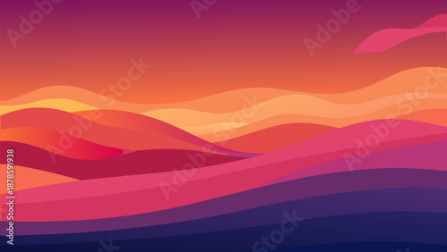 Vector illustration of a majestic sunset in mountains featuring a silhouette of orange hills and a red sun glowing over a misty valley landscape under a cloudy evening sky at dusk