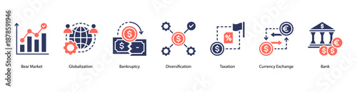 Global Economy and Risk web banner vector illustration featuring Globalization, Bankruptcy, Diversification, Taxation, Currency Exchange, Bank, and Recovery.