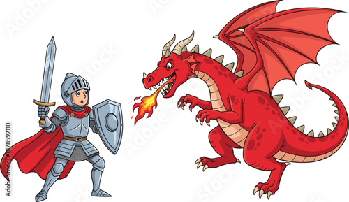 Cartoon knight fighting fire-breathing dragon in fantasy battle scene – medieval vector illustration for game, story, and folklore design