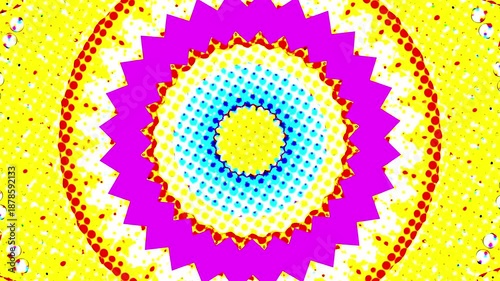 Quickly shifting patterns of brights colors and shapes, kaleidoscope style with pop art and liquid elements.