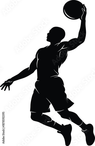 Dynamic basketball player silhouette performing a slam dunk, action sports vector illustration, professional athlete jumping with ball, and competitive team game icon.