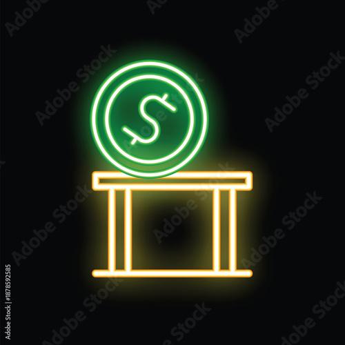 Glowing neon line dollar coin on table icon isolated on black background vector illustration