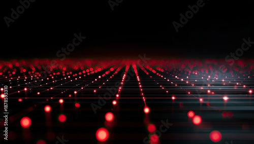 Red glowing nodes connected by lines form a digital grid vanishing into darkness