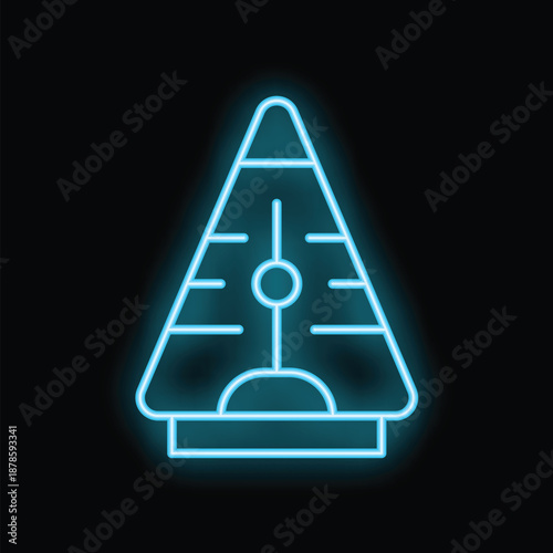 Blue neon metronome glowing on black background, representing musical equipment and rhythm for musicians and music lovers