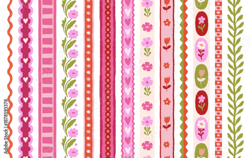 Vector set of seamless patterns, abstract hand-drawn quirky doodles,  love theme wallpaperes, Valentine's day decorative wrapping paper and textile backgrounds with hearts and flowers