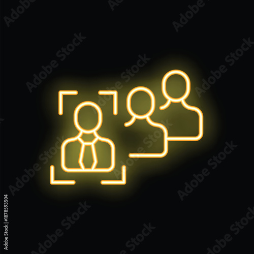 Yellow neon icon of a businessman being chosen from a lineup of candidates, concept of recruitment and human resources