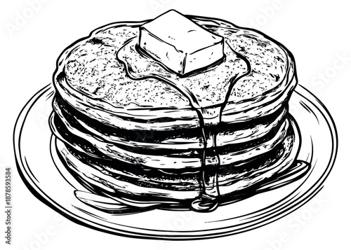 Hand drawn line art illustration of a stack of pancakes depicting melting butter and syrup dripping for breakfast menu design
