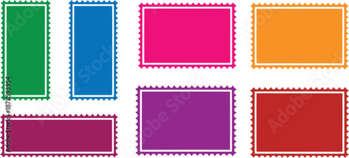 A collection of colorful blank rectangular stamp frames with jagged edges displayed on a white surface