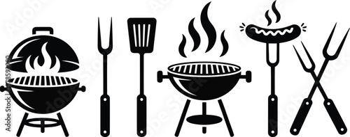 A collection of black silhouette icons illustrating various barbecue elements and grilling tools on white