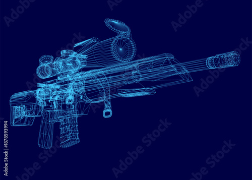 A modern sniper rifle wireframe model rendered in realistic 3D detail against a stark blue background for high contrast.