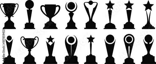 A comprehensive display of various black trophy and award silhouettes symbolizing victory and outstanding accomplishment