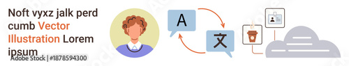 Language translation, cloud services, digital communication, data storage, multilingual learning, technology solutions. Person, speech bubbles cloud and document icons. Language translation