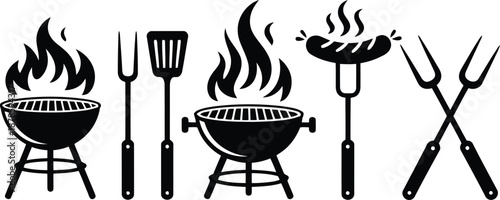 A selection of black silhouette graphic symbols representing popular barbecue essentials for outdoor grilling