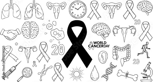 Black and White Line Art Medical Icons: Lungs, Brain, Ribbons, DNA, Microscope for Cancer Awareness