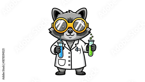 Cartoon Raccoon Scientist Holding Test Tubes.