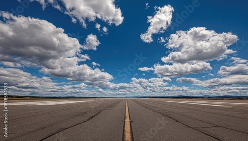 Vast, empty runway stretches towards a horizon under a dramatic, cloud-filled sky