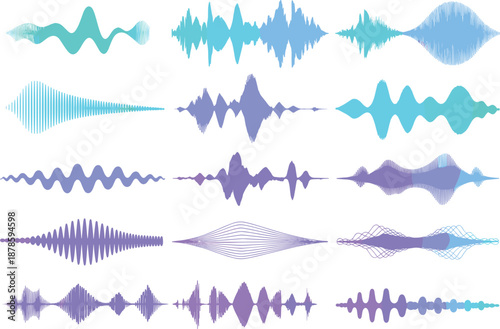 Abstract audio waveform collection, sound waves visualization, digital music signal shapes, modern gradient design elements isolated white background vector illustration