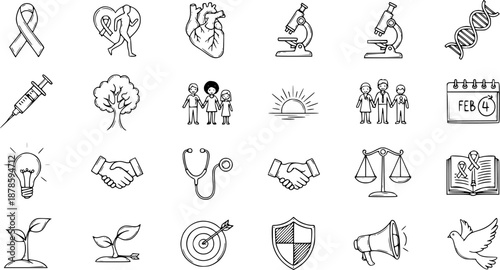 Black and White Line Art Icons: Medical, Family, Science, Justice, Nature, Hope, Communication