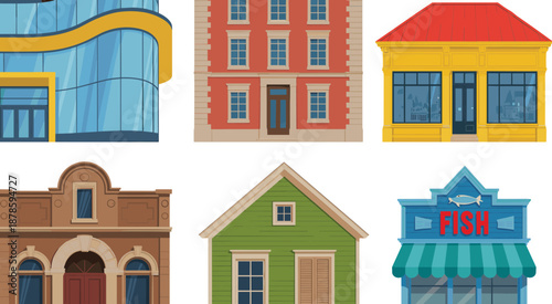 Architectural building facade illustration set featuring modern, classic, residential, commercial storefronts, colorful exteriors, urban architecture elements, flat vector style