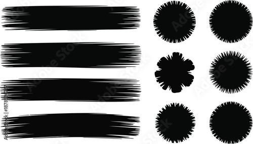 Various jagged black brush strokes and spiky circular shapes presented on a clean white surface