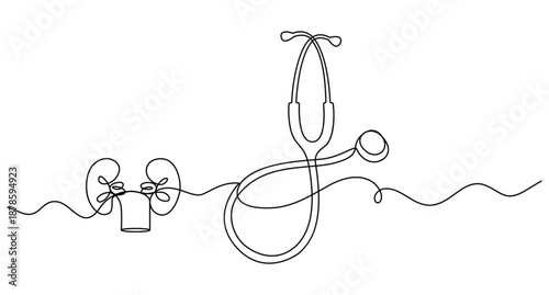 Continuous line drawing of a stethoscope and human kidneys on white background
