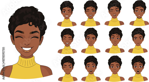 African woman facial expressions illustration set showing diverse emotions, smiles and reactions, character design for animation, avatars, UI, UX, storytelling, 