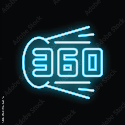 Blue neon sign of 360 degrees symbol glowing on black background