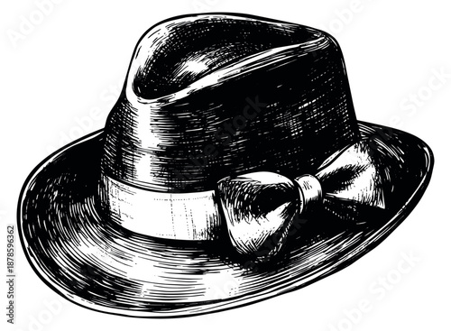 Hand drawn line art illustration of a fedora hat depicting a classic accessory for retro design