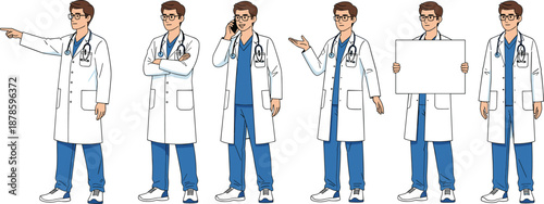 Doctor character illustration set showing male medical professional in white coat with multiple standing poses, gestures and blank sign, healthcare, hospital and medical service concept isolated