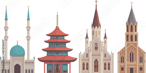 Global religious architecture illustration featuring mosque pagoda and churches representing Islam Buddhism and Christianity in flat vector design style skyline