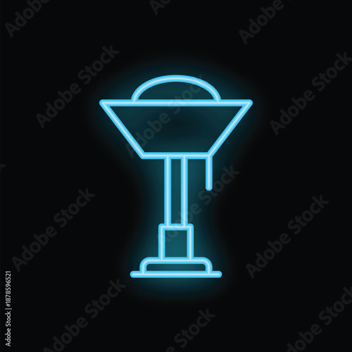 Glowing blue neon sign showing a street food stall with awning selling street food on dark background