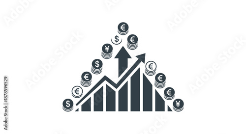 Dynamic financial growth concept featuring currency symbols and an upward-trending bar graph, illustrating investment success and market expansion.