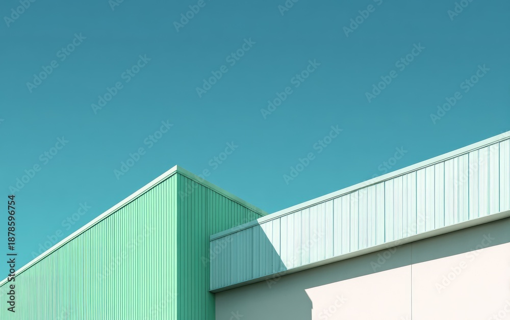 Obraz premium Angular industrial building sections against a clear, vast sky